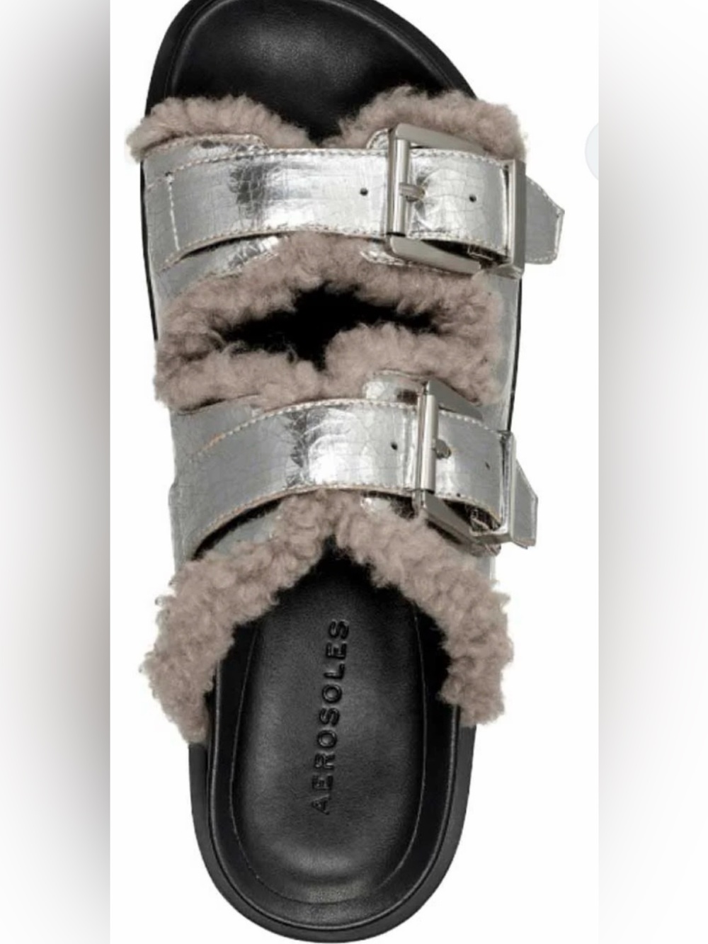 AEROSOLES Silver Faux Shearling Slide Mule Sandals Sz 6.5 VEGAN CRUELTY FREE!!!